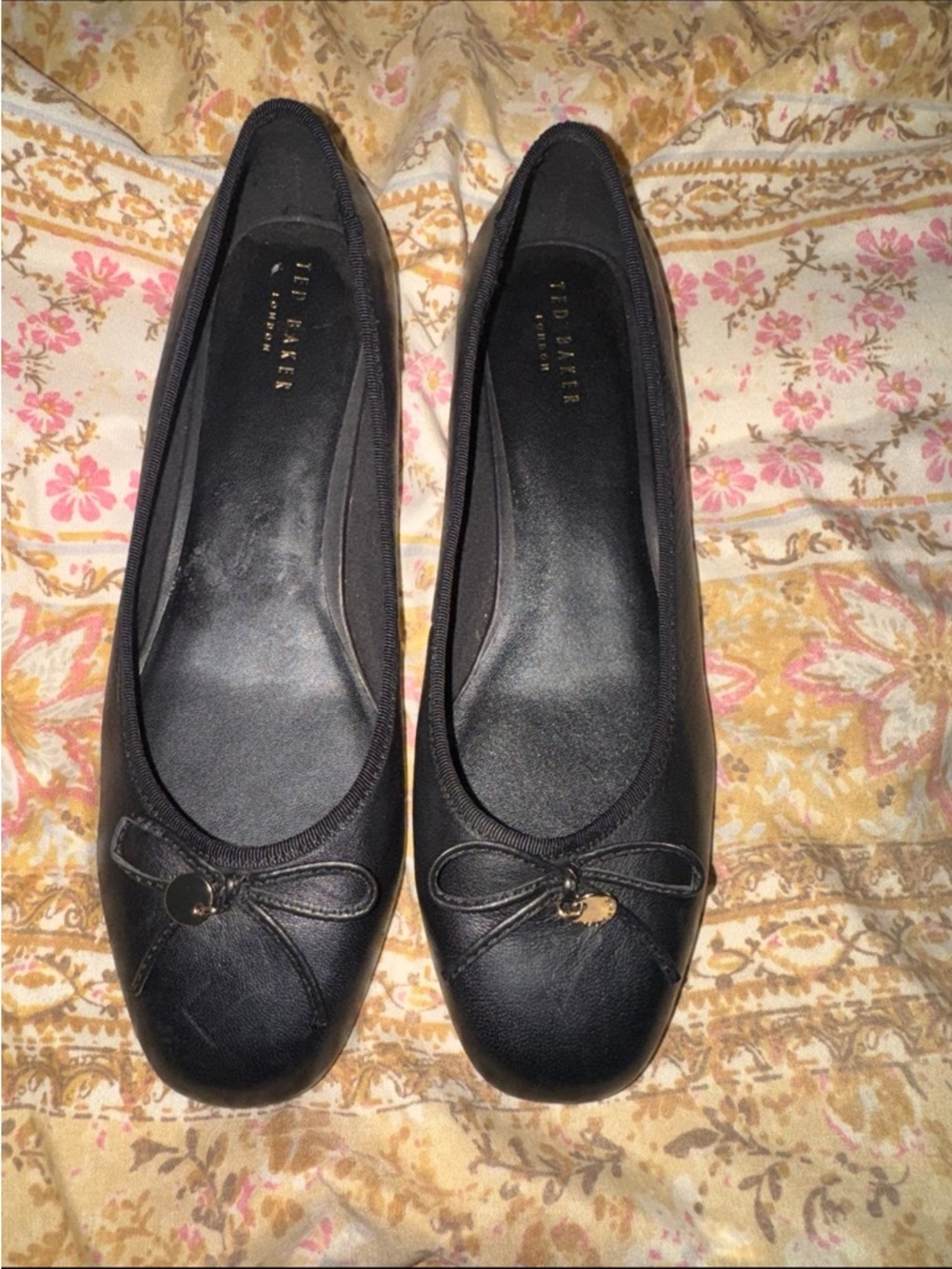 Ted Baker Black Leather Ballet Flats with Bow Charm